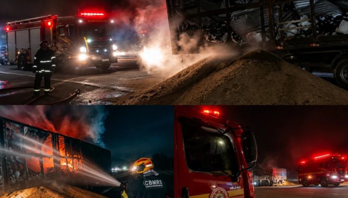 Soja em chamas: bombeiros combatem incêndio em carreta na Br-392, Rio Grande do Sul