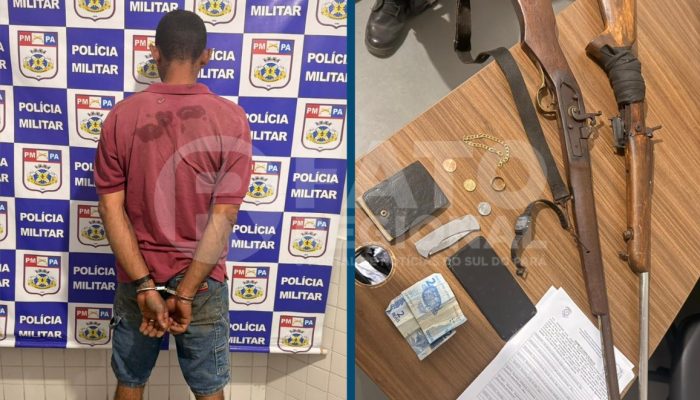 Juracy e as armas apreendidas com ele, após ser denunciado por violência doméstica contra a companheira e posse ilegal de armas de fogo, mas a PM de Xinguara rapidamente acabou com