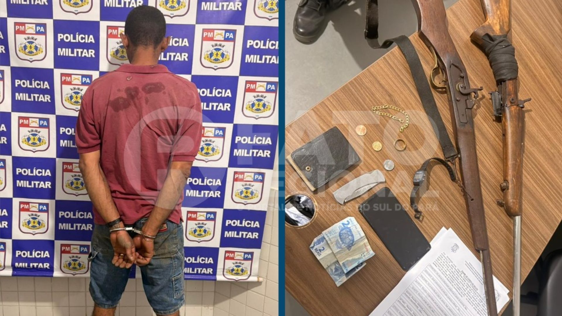 Juracy e as armas apreendidas com ele, após ser denunciado por violência doméstica contra a companheira e posse ilegal de armas de fogo, mas a PM de Xinguara rapidamente acabou com