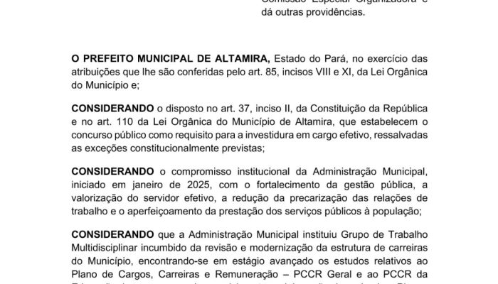 Ascom/PMA O post Prefeitura de Altamira divulga decreto que regulamenta organização de concurso público previsto para 20