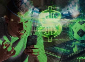 Homem expressando frustração ao olhar para o celular com ícone de dólar e bola de futebol sobrepostos