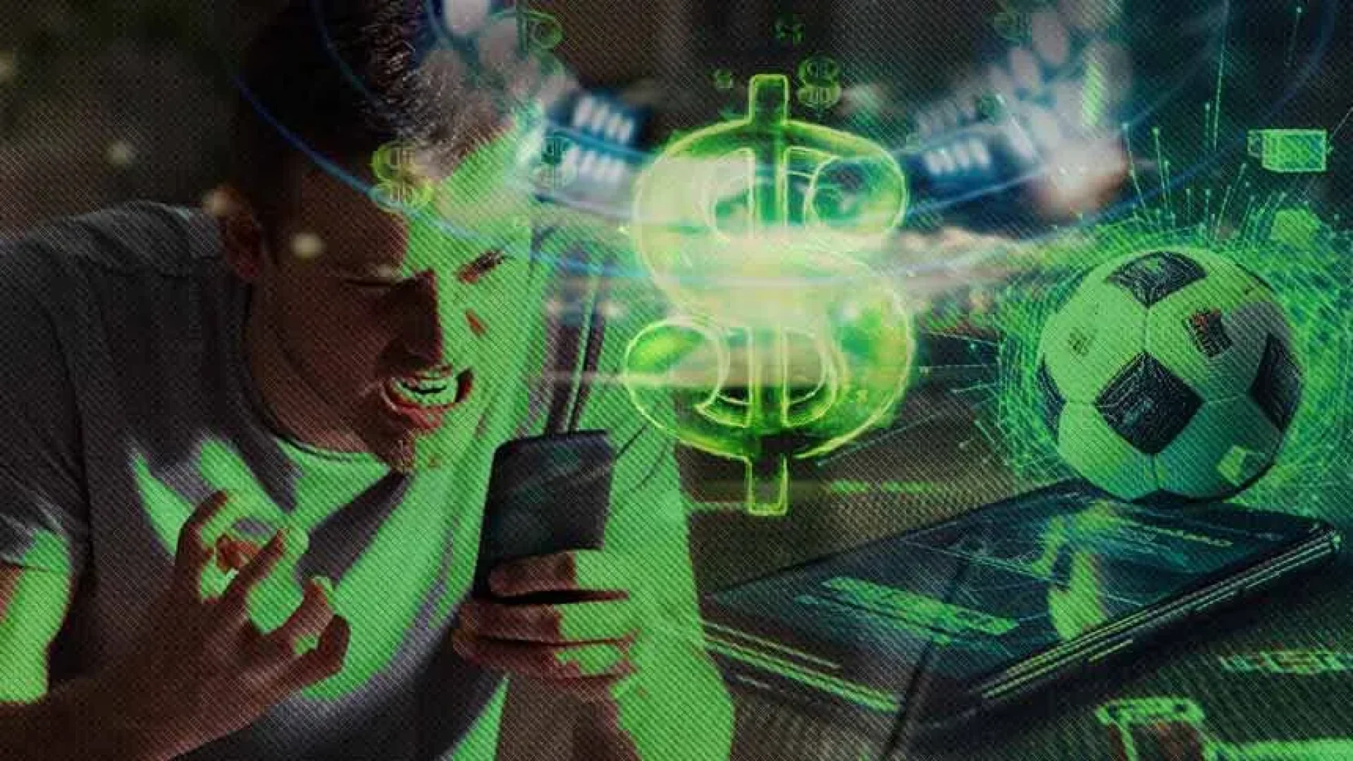 Homem expressando frustração ao olhar para o celular com ícone de dólar e bola de futebol sobrepostos